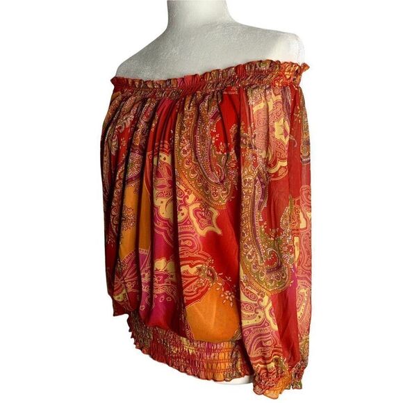 Vintage Off the Shoulder Paisley Blouse XL Red Sheer Lined Elastic Shirred Waist - Picture 3 of 6